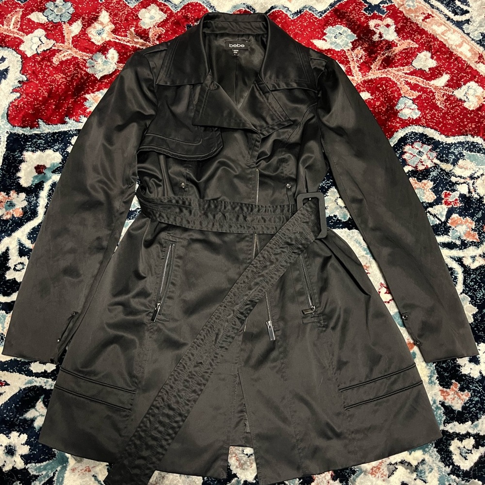 Beautiful Bebe Black Trench Coat Jacket (L) with belt - fits also a medium (M)